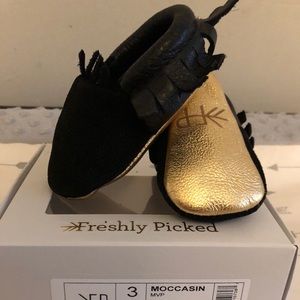 Freshly Picked Black Moccasins with Gold Soles